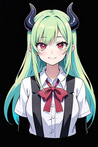 (best quality, vivid colors, anime:1.1), 1girl, red eyes, horns, red horns, light green hair, long hair, gentle sunlight, cheerful expression, face focus, looking at viewer, brightful colors, school uniform, white background