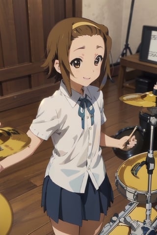 masterpiece, best quality, high_res, solo, skirt,, school_uniforms, hair between eyes, short sleeves, stage, playng instrument, drums, small chest, happy, smile, Tainaka Ritsu