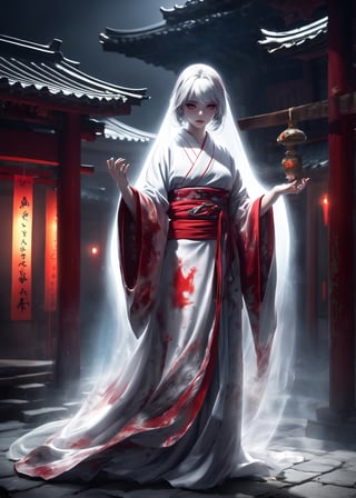 ((Little Ghost:1.8) wears a kimono stained red with blood),((ultra-fine HDR)),extremely delicated and beautiful,score_9,score_8_up,score_7_up,realistic,hyper realism,translucent_body,silver hair,((face hidden in the shadows:1.8)),