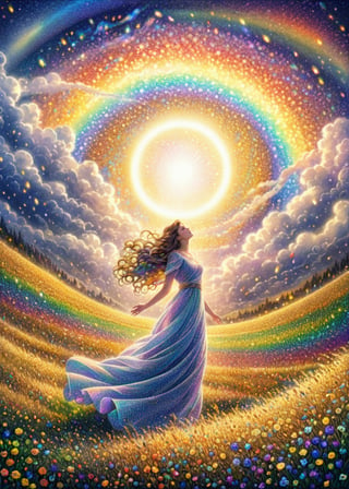 Colored pencils illustration style,(sacred lady),(ultra-fine Pointillism),extremely delicated and beautiful,8K,(whirlwind),(golden meadow:1.2),(rainbow colored aurora),