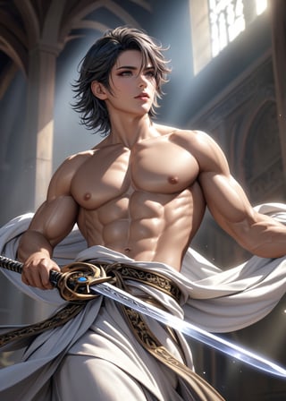 (spiritual Ikemen),((ultra-fine HDR)),extremely delicated and beautiful,8K,realistic,hyperrealism,Holy sword,