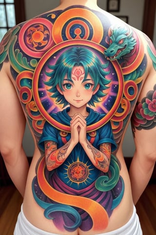 Imagine a detailed Magic Circle tattooed on someone's back,This vibrant and intricate tattoo glows and appears 3D,(ultra-fine HDR),Pointillism tattoo,FuturEvoLabTattoo,