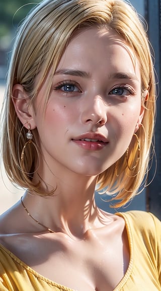 (best quality,masterpiece, photorealistic, highly detailed), a close-up portrait of 1 beautiful teacher, in her 20s, attractive smile, ((wearing a yellow  shirt), earrings, medium-sized breasts, beauttiful detailed faces, beautiful detailed eyes, realistic detailed skin texture, blonde bob hair, detailed hair, sharp focus,xxmix_girl,fantasy_princess