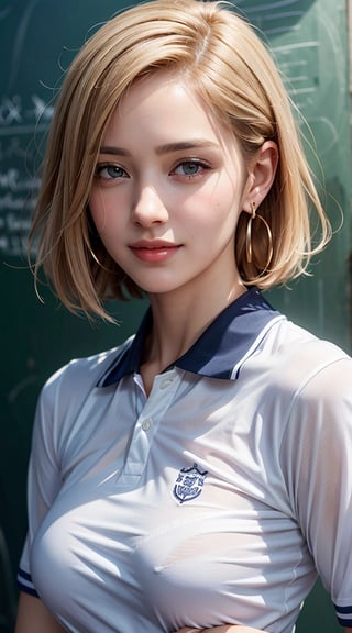 (best quality,masterpiece, photorealistic, highly detailed), a close-up portrait of 1 beautiful teacher, in her 20s, attractive smile, ((wearing a res polo shirt), earrings, medium-sized breasts, beauttiful detailed faces, beautiful detailed eyes, realistic detailed skin texture, blonde bob hair, detailed hair, in front of a blackboard, sharp focus,xxmix_girl,high_school_girl,fantasy_princess