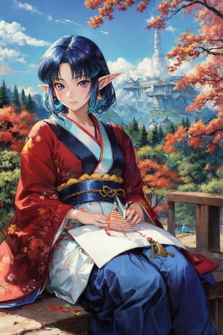 masterpiece,  best quality, Japanese paintings  and anime hybrid art, 
, eye catching,  vibrant colors, 

intricated, a ultra detailed background  is beautiful autumn landscape  in the style of  Japanese traditional painting, 

beautiful detailed anime, a  hyperrealistic cute degnified 12 yo decora chan gnome girl with mixed color hair and pointy elf ears sitting ,  
(anime-inspired charming character in mixed style of  Takeuchi Naoko  | Rumiko Takahashi | Japanese anime subculture | pixv), 


cute , adorable,  detailed expressive eyes, 
pefect 5 fingers,  side view,  close up, 


perfect composition, 
epic, , beautiful details , never before, best quality, 2d, 
, saturated, cell shading,  32K, 
