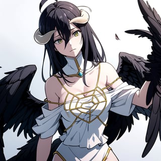 //Quality,
masterpiece, best quality
,//Character,
1girl, solo
,//Fashion,
,//Background,
white_background
,//Others,
,al1, demon horns, white gloves, white dress, bare shoulders, detached collar, cleavage, slit pupils, black wings, feathered wings, low wings,white dress