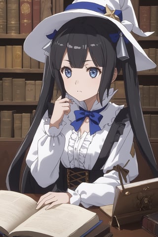 masterpiece, best quality, highres
,//Character, 
1girl,hestia, black hair, blue eyes,
twin tails/long hair, hair ornament
,//Fashion, 

,//Background, 
,//Others, ,Expressiveh, 
A girl in a witch's hat reading a large, ancient grimoire, magical symbols floating around her in a swirling pattern.