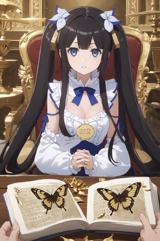 masterpiece, best quality, highres
,//Character, 
1girl,hestia, black hair, blue eyes,
twin tails/long hair, hair ornament
,//Fashion, 

,//Background, 
,//Others, ,Expressiveh, 
A mysterious girl with golden hair and eyes, holding an ornate golden butterfly in her palm, surrounded by floating text and numbers.