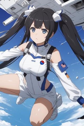 masterpiece, best quality, highres
,//Character, 
1girl,hestia, black hair, blue eyes,
twin tails/long hair, hair ornament
,//Fashion, 

,//Background, 
,//Others, ,Expressiveh, 
A female astronaut floating in zero gravity, adjusting scientific equipment