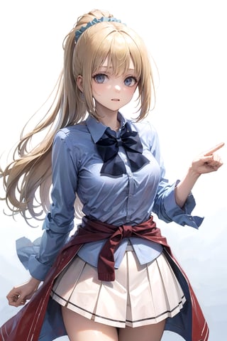 //Quality,
masterpiece, best quality
,//Character,
1girl, solo
,//Fashion, 
,//Background,
white_background
,//Others,
,spread legs, 
,aakei, long hair, blonde hair, ponytail, hair scrunchie, blue bowtie, collared shirt, blue shirt, sleeves rolled up, clothes around waist, pleated skirt, white skirt