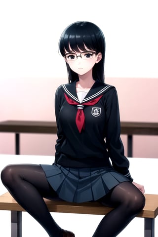 //Quality,
masterpiece, best quality
,//Character,
1girl, solo
,//Fashion, 
,//Background,
white_background
,//Others,
,spread legs, 
,kyouko kuroyuri, long hair, black hair, (black eyes:1.5), glasses, skirt, school uniform, pantyhose, pleated skirt, serafuku, armband, (black shirt:1.2)