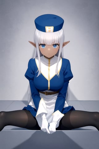 masterpiece, best quality
,//Character,
1girl, solo
,//Fashion, 
,//Background,
white_background, simple_background, blank_background
,//Others,
,Karla (kono healer mendokusai), white_hair, dark skin, dark-skinned female, blue headwear, leather_belt, blue_pants, tunic, blue_tunic, stole, blue_sleeves, white_gloves, blue_eyes, elf_ears, straight_hair, hime_cut, and blunt_bangs