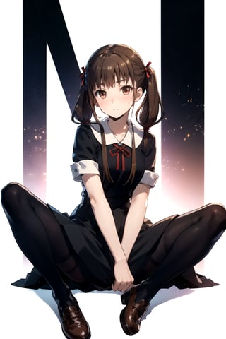 //Quality,
masterpiece, best quality
,//Character,
1girl, solo
,//Fashion, 
,//Background,
white_background
,//Others,
,spread legs, 
,brown hair, light blush, brown eyes, long hair, twintails,school uniform, black dress, red ribbon, black pantyhose