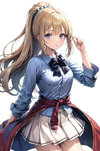 //Quality,
masterpiece, best quality
,//Character,
1girl, solo
,//Fashion, 
,//Background,
white_background
,//Others,
,spread legs, 
,aakei, long hair, blonde hair, ponytail, hair scrunchie, blue bowtie, collared shirt, blue shirt, sleeves rolled up, clothes around waist, pleated skirt, white skirt