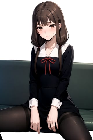 //Quality,
masterpiece, best quality
,//Character,
1girl, solo
,//Fashion, 
,//Background,
white_background
,//Others,
,spread legs, 
,brown hair, light blush, brown eyes, long hair, twintails,school uniform, black dress, red ribbon, black pantyhose