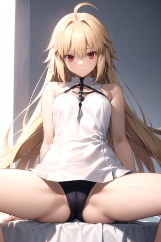 //Quality,
masterpiece, best quality
,//Character,
1girl, solo
,//Fashion, 
,//Background,
white_background
,//Others,
,spread legs, 
,arcueid, blonde hair, red eyes, long hair, very long hair, bangs, ahoge, sidelocks