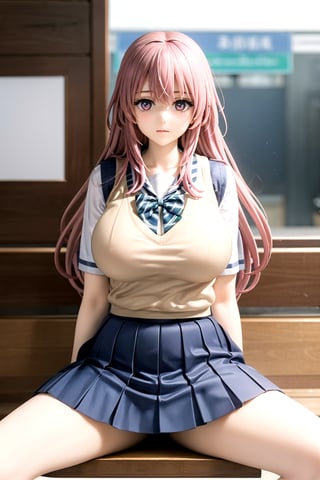 //Quality,
masterpiece, best quality
,//Character,
1girl, solo
,//Fashion, 
,//Background,
white_background
,//Others,
,spread legs, 
,inui shinju lj,pink hair, pink eyes, long hair, big breasts, upper body,school uniform, sailor collar, sweater vest, blue skirt, green bow