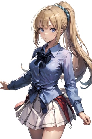 //Quality,
masterpiece, best quality
,//Character,
1girl, solo
,//Fashion, 
,//Background,
white_background
,//Others,
,spread legs, 
,aakei, long hair, blonde hair, ponytail, hair scrunchie, blue bowtie, collared shirt, blue shirt, sleeves rolled up, clothes around waist, pleated skirt, white skirt