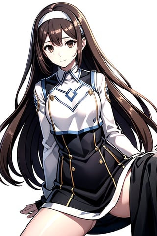 //Quality,
masterpiece, best quality
,//Character,
1girl, solo
,//Fashion, 
,//Background,
white_background
,//Others,
,spread legs, 
,Kelart, extremely long hair, brown hair, white hairband, brown eyes, medium chest, black sleeve, white outfit, black long skirt