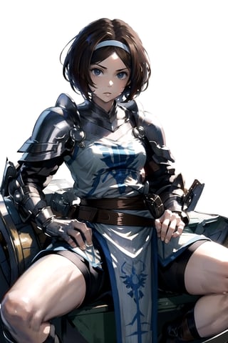 //Quality,
masterpiece, best quality
,//Character,
1girl, solo
,//Fashion, 
,//Background,
white_background
,//Others,
,spread legs, 
Remedios, short hair, hair band, brown hair, armor