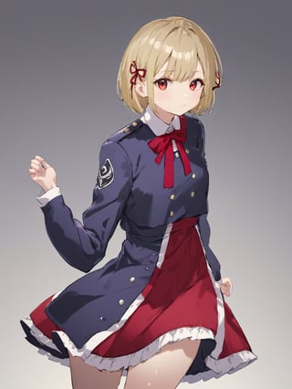 //Quality,
photo r3al, detailmaster2, masterpiece, photorealistic, 8k, 8k UHD, best quality, ultra realistic, ultra detailed, hyperdetailed photography, real photo
,//Character,
1girl, solo, nishikigi chisato, bob cut
,//Fashion,
hair ribbon, lycoris uniform, two-tone dress, red dress, grey dress, neck ribbon, long sleeves
,//Background,
,//Others,
,nishikigi chisato