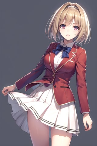 //Quality,
masterpiece, best quality
,//Character,
1girl, solo
,//Fashion,
,//Background,
white_background, simple_background, basic_background
,//Others,
,aakikyo, short hair, hair intakes, white hairband, blue bowtie, shirt, blazer, red jacket, long sleeves, white skirt, pleated skirt, black socks