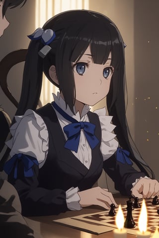 masterpiece, best quality, highres
,//Character, 
1girl,hestia, black hair, blue eyes,
twin tails/long hair, hair ornament
,//Fashion, 

,//Background, 
,//Others, ,Expressiveh, 
A group of children playing chess in a dimly lit study, with eerie shadows cast by candlelight and a portrait of Beatrice watching over them.