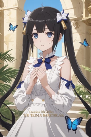 masterpiece, best quality, highres
,//Character, 
1girl,hestia, black hair, blue eyes,
twin tails/long hair, hair ornament
,//Fashion, 

,//Background, 
,//Others, ,Expressiveh, 
A mysterious girl with golden hair and eyes, holding an ornate golden butterfly in her palm, surrounded by floating text and numbers.