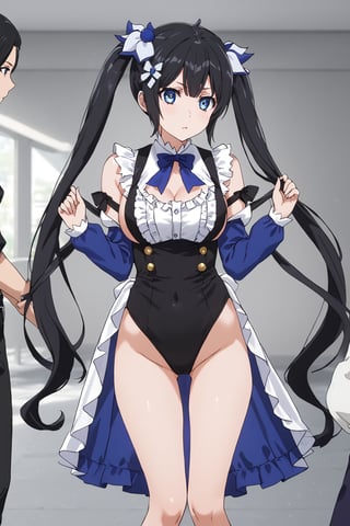 masterpiece, best quality, highres
,//Character, 
1girl,hestia, black hair, blue eyes,
twin tails/long hair, hair ornament
,//Fashion, 

,//Background, 
,//Others, ,Expressiveh, 
A cosplayer adjusting her elaborate costume, unaware of a minor wardrobe malfunction.