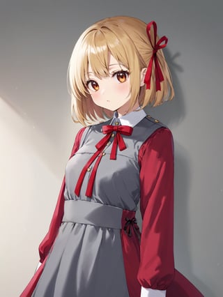 //Quality,
(masterpiece, top quality, best quality, highres, extremely detailed CG, 8k:1.2)
,//Character,
1girl, solo, nishikigi chisato, bob cut
,//Fashion,
hair ribbon, lycoris uniform, two-tone dress, red dress, grey dress, neck ribbon, long sleeves
,//Background,
,//Others,
,nishikigi chisato