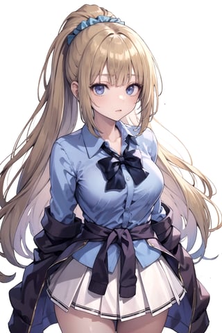 //Quality,
masterpiece, best quality
,//Character,
1girl, solo
,//Fashion, 
,//Background,
white_background
,//Others,
,spread legs, 
,aakei, long hair, blonde hair, ponytail, hair scrunchie, blue bowtie, collared shirt, blue shirt, sleeves rolled up, clothes around waist, pleated skirt, white skirt