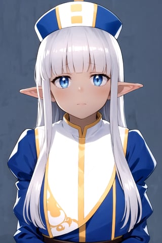 masterpiece, best quality
,//Character,
1girl, solo
,//Fashion, 
,//Background,
white_background, simple_background, blank_background
,//Others,
,Karla (kono healer mendokusai), white_hair, dark skin, dark-skinned female, blue headwear, leather_belt, blue_pants, tunic, blue_tunic, stole, blue_sleeves, white_gloves, blue_eyes, elf_ears, straight_hair, hime_cut, and blunt_bangs