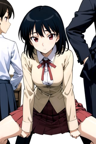 //Quality,
masterpiece, best quality
,//Character,
1girl, solo
,//Fashion, 
,//Background,
white_background
,//Others,
,spread legs, 
,yakumo tsukamoto, short hair, black hair, (red eyes:1.3),BREAK skirt, shirt, long sleeves, bow, ribbon, school uniform, white shirt, pleated skirt, collared shirt, bowtie, red ribbon, neck ribbon, red skirt