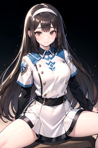 //Quality,
masterpiece, best quality
,//Character,
1girl, solo
,//Fashion, 
,//Background,
white_background
,//Others,
,spread legs, 
,Kelart, extremely long hair, brown hair, white hairband, brown eyes, medium chest, black sleeve, white outfit, black long skirt