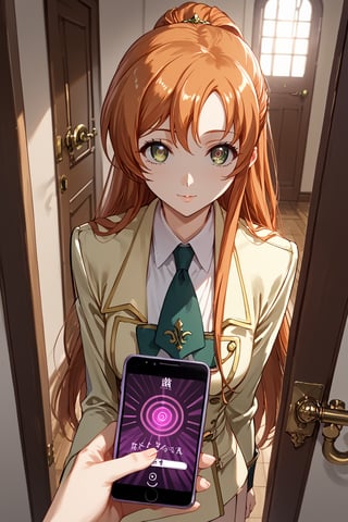 score_9,score_8_up,score_7_up,score_6_up, source_anime, masterpiece, best quality, 8k, 8k UHD, ultra-high resolution, ultra-high definition, highres, cinematic lighting
,//Character, 
1girl, solo,shirley fenette, orange hair, green eyes, half updo, long hair
,//Fashion, 
ashford academy school uniform
,//Background, front door, answering door, hand on door, opening door
,//Others, ,Expressiveh,
looking at viewer, 2/4 angle view, three quarter view, female focus, mind control, hypnosis, smartphone, pov holding phone