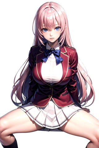 //Quality,
masterpiece, best quality
,//Character,
1girl, solo
,//Fashion, 
,//Background,
white_background
,//Others,
,spread legs, 
,aahonami, long hair, pink hair, school uniform, blue bowtie, blazer, red jacket, long sleeves, pleated skirt, white skirt, blushing