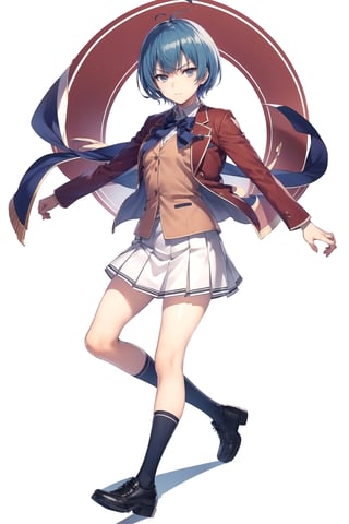 //Quality,
masterpiece, best quality
,//Character,
1girl, solo
,//Fashion,
,//Background,
white_background, simple_background
,//Others,
,1girl ibuki mio short hair blue hair,white skirt red jacket open jacket, full_body