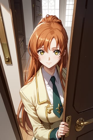 score_9,score_8_up,score_7_up,score_6_up, source_anime, masterpiece, best quality, 8k, 8k UHD, ultra-high resolution, ultra-high definition, highres, cinematic lighting
,//Character, 
1girl, solo,shirley fenette, orange hair, green eyes, half updo, long hair
,//Fashion, 
ashford academy school uniform
,//Background, front door, answering door, hand on door, opening door
,//Others, ,Expressiveh,
looking at viewer, 2/4 angle view, three quarter view, female focus