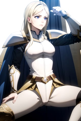 //Quality,
masterpiece, best quality
,//Character,
1girl, solo
,//Fashion, 
,//Background,
white_background
,//Others,
,spread legs, 
female knight, long hair, blue eyes, blonde hair, cape, armor, shoulder armor, gauntlets, pauldrons, breastplate, knight