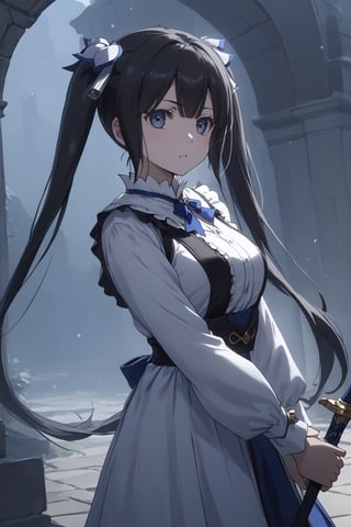 score_9,score_8_up,score_7_up,score_6_up, masterpiece, best quality, highres
,//Character, 
1girl, solo,hestia, black hair, blue eyes,
twin tails/long hair, hair ornament
,//Fashion, 

,//Background, 
,//Others, ,Expressiveh, 
Female warrior standing guard at village entrance, holding a sword, wary expression, mist in the air, eerie black substance in the distance