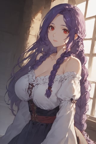 score_9,score_8_up,score_7_up,score_6_up, masterpiece, best quality, highres
,//Character, 
1girl, solo, long hair, purple hair, single braid, red eyes
,//Fashion, 

,//Background, 
,//Others, ,Expressiveh, 
A young woman in a medieval village, looking worried, surrounded by concerned villagers, dark shadows lurking in the background, ominous atmosphere,TatibanaYuStyle