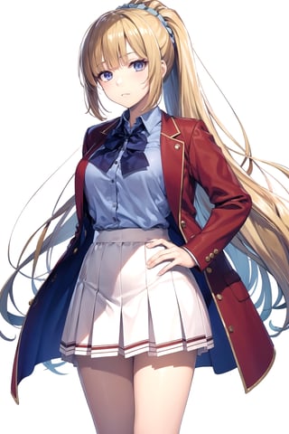 //Quality,
masterpiece, best quality
,//Character,
1girl, solo
,//Fashion,
,//Background,
white_background, simple_background
,//Others,
,KeiKaruizawa, hair scrunchie, school uniform, blue shirt, bowtie, white skirt, red jacket, open jacket, full_body