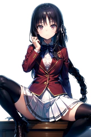 //Quality,
masterpiece, best quality
,//Character,
1girl, solo
,//Fashion, 
,//Background,
white_background
,//Others,
,spread legs, 
,aasuzune, long hair, black hair, single braid, hair ribbon, red jacket, blazer, blue bowtie, long sleeves, white skirt, black thighhighs