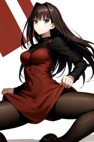 //Quality,
masterpiece, best quality
,//Character,
1girl, solo
,//Fashion, 
,//Background,
white_background
,//Others,
,spread legs, 
,aaaoko, long hair, brown hair, black shirt, red dress, long sleeves, black pantyhose