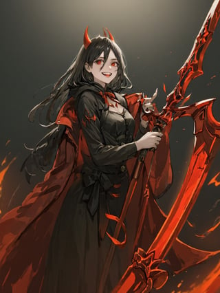//Quality,
photo r3al, detailmaster2, masterpiece, photorealistic, 8k, 8k UHD, best quality, ultra realistic, ultra detailed, hyperdetailed photography, real photo
,//Character,
1girl, solo
,//Fashion,
,//Background,
,//Others,
sharp teeth, grin, holding scythe, red scythe, cross-shaped pupils