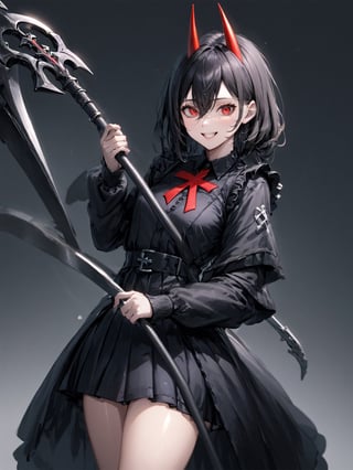 //Quality,
photo r3al, detailmaster2, masterpiece, photorealistic, 8k, 8k UHD, best quality, ultra realistic, ultra detailed, hyperdetailed photography, real photo
,//Character,
1girl, solo
,//Fashion,
,//Background,
,//Others,
,powerdef, sharp teeth, grin, holding scythe, red scythe, cross-shaped pupils
