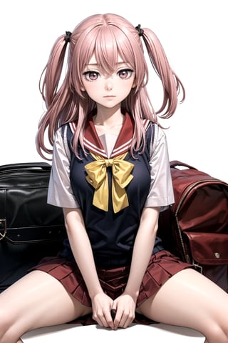 //Quality,
masterpiece, best quality
,//Character,
1girl, solo
,//Fashion, 
,//Background,
white_background
,//Others,
,spread legs, 
,inui sajuna juju,pink hair, pink eyes, long hair, two side up,school uniform, sweater vest, black vest, red sailor collar, red skirt, yellow bow