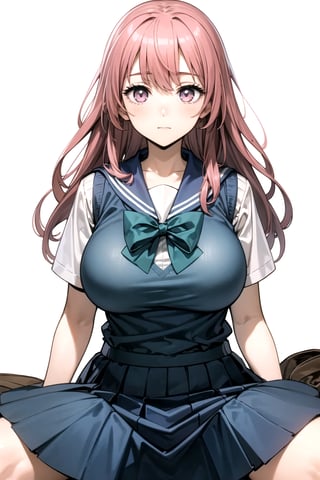 //Quality,
masterpiece, best quality
,//Character,
1girl, solo
,//Fashion, 
,//Background,
white_background
,//Others,
,spread legs, 
,inui shinju lj,pink hair, pink eyes, long hair, big breasts, upper body,school uniform, sailor collar, sweater vest, blue skirt, green bow