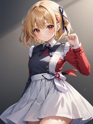 //Quality,
photo r3al, detailmaster2, masterpiece, photorealistic, 8k, 8k UHD, best quality, ultra realistic, ultra detailed, hyperdetailed photography, real photo
,//Character,
1girl, solo, nishikigi chisato, bob cut
,//Fashion,
hair ribbon, lycoris uniform, two-tone dress, red dress, grey dress, neck ribbon, long sleeves
,//Background,
,//Others,
,nishikigi chisato