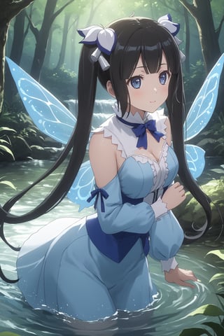 masterpiece, best quality, highres
,//Character, 
1girl,hestia, black hair, blue eyes,
twin tails/long hair, hair ornament
,//Fashion, 

,//Background, 
,//Others, ,Expressiveh, 
The same girl kneeling by a sparkling stream in the forest. She's reaching out to touch a glowing, fairy-like creature hovering above the water. The creature emits a soft blue light. The girl's expression is one of wonder and curiosity.